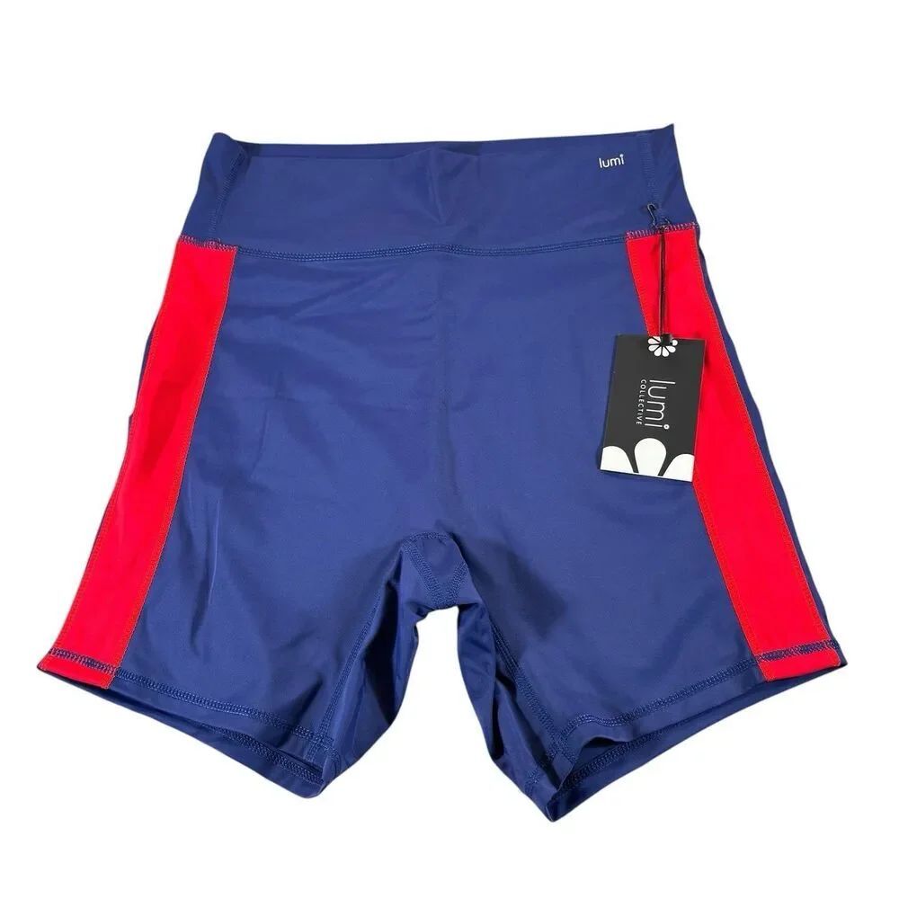 Lumi Collective Sz M Bike Shorts Color Block Red Blue Dance High Waist NWT